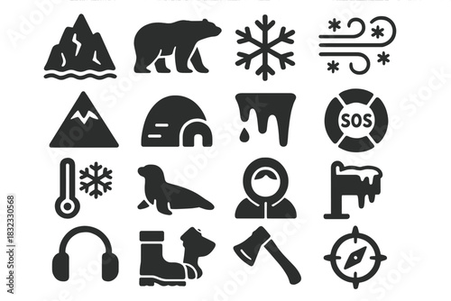 Winter exploration symbols featuring wildlife, weather, and survival gear in a cold environment