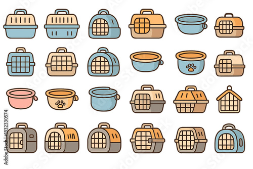 Cute and colorful pet carriers and bowls designed for various animals in playful styles and shapes