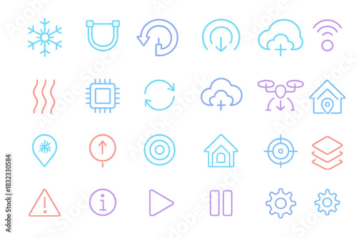 Colorful collection of icons representing technology, weather, and information in a modern design style for digital interfaces