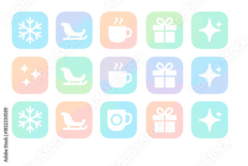 Colorful winter and holiday-themed icons featuring gifts, sleds, snowflakes, and beverages in pastel shades