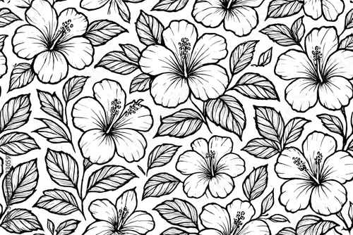 Detailed black and white floral pattern featuring hibiscus flowers and leaves on a light background