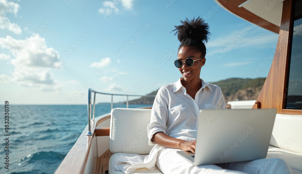 Obraz premium Attractive black woman enjoys work on yacht. She uses laptop during sea trip. Remote work vacation concept. Digital nomad lady travels for freelance business. Woman smiles at camera.