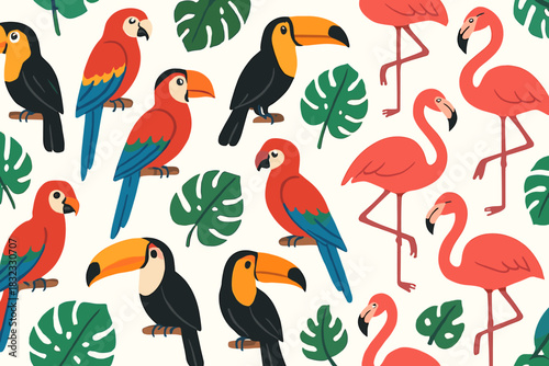 Seamless tropical birds pattern with parrots, toucans, and flamingos