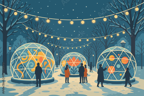 Snowy Winter Park with Illuminated Art Domes and Visitors