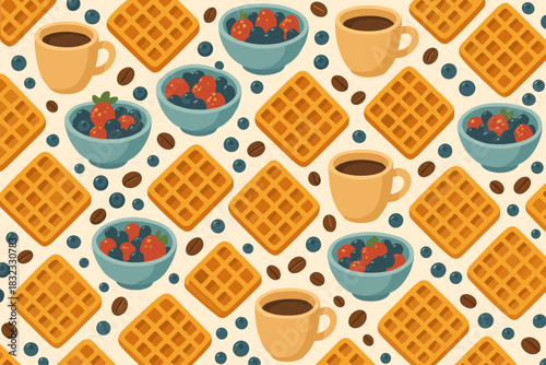 Whimsical Breakfast Pattern with Coffee, Waffles, and Berry Bowls