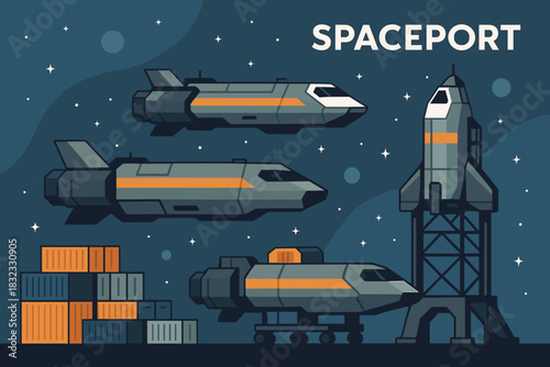 Retro Futuristic Spaceport with Spacecraft and Cargo
