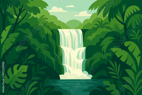 Lush jungle waterfall cascading into a serene pool