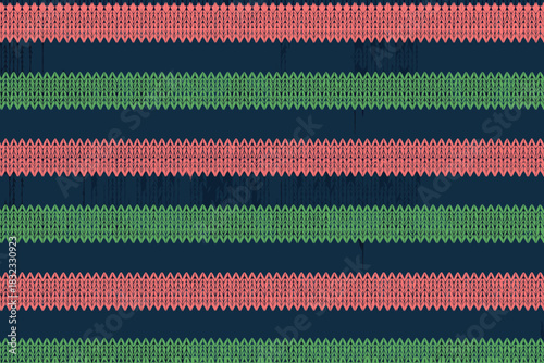 Striped Knit Pattern with Coral and Green on Navy Background