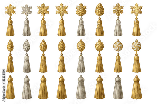 Vintage metallic tassel ornaments with pinecone, snowflake, and swirl finials