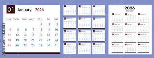 2026 Calender template. 12 months calender with days, weekly and monthly and yearly schedule page. editable vector design.