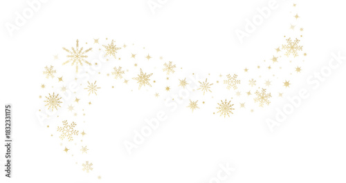 Christmas border of golden snowflakes and sparkling stars arranged in an elegant wave. Luxury winter trim for invitations, gift packaging, posters and festive branding. Vector illustration.