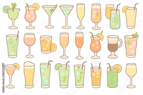 Hand-drawn pastel cocktail and beverage illustrations with garnishes