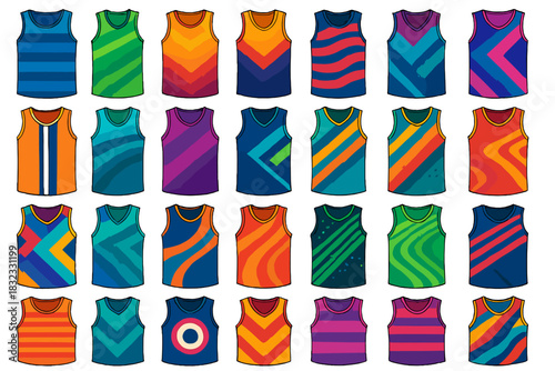 Vibrant sleeveless jersey collection with geometric and gradient designs