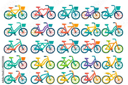 Seamless colorful bicycle pattern with baskets and gradient glow