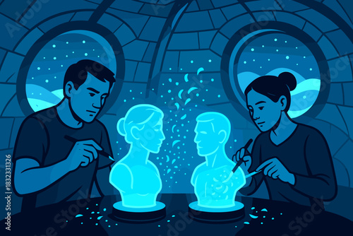 Artists sculpting glowing ice busts inside an igloo under a snowy sky
