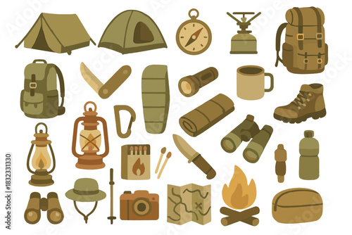Seamless camping gear pattern with hiking essentials and golden background