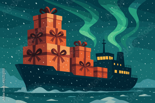 Christmas cargo ship illustration delivering presents in snowy Arctic night