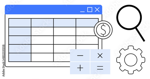 Spreadsheet, calculator, magnifying glass, gear, and dollar icon emphasize calculations, analysis, and optimization. Ideal for data management, finance budgeting planning problem-solving