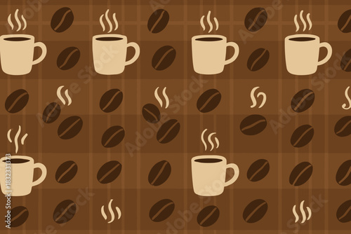 Warm seamless coffee pattern with mugs, beans, and plaid background