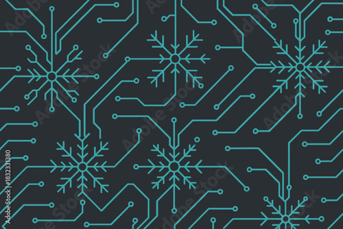 Snowflake and circuit board seamless vector pattern