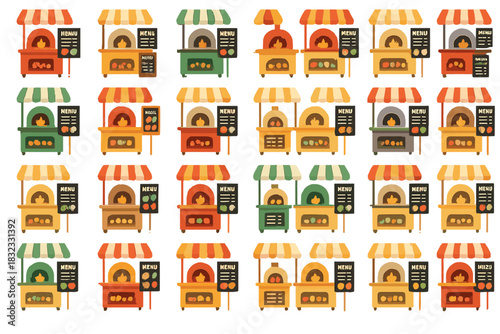 Colorful seamless pattern of pizza street food stalls with ovens and striped canopies