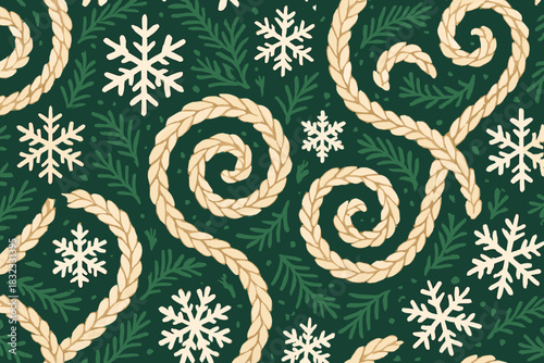 Seamless winter pattern with rope swirls and snowflakes