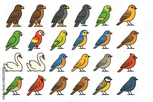 Colorful bird icon set in cartoon hand-drawn style