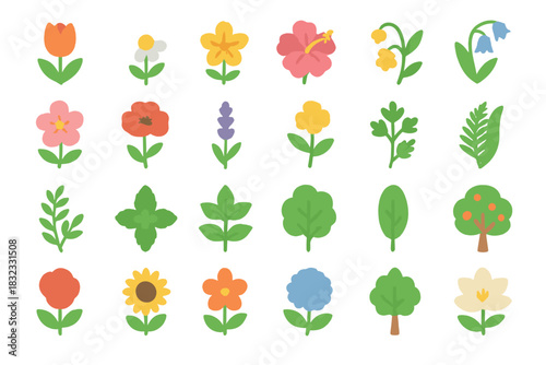 Cute cartoon flower and foliage icon set on green background