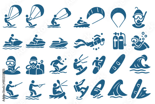 Icon set of water sports and ocean adventure activities