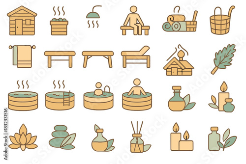 Relaxing spa and sauna icons in calming warm tone palette