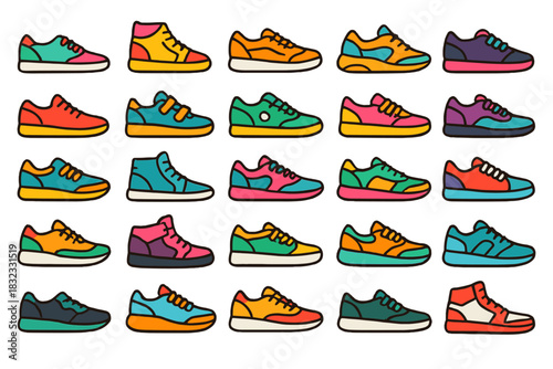 Bright cartoon sneaker icon set on gradient background