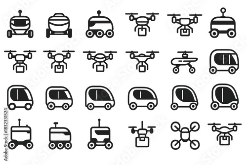 Autonomous delivery and drone icons in black outline style