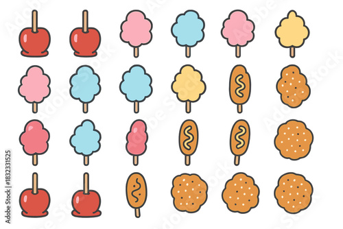 Cute cartoon fair snacks icons with cotton candy and corn dogs