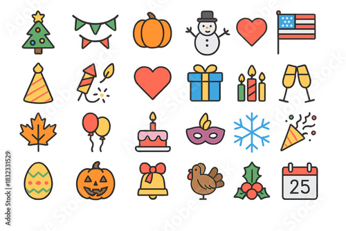 Festive holiday and celebration icon set with colorful design