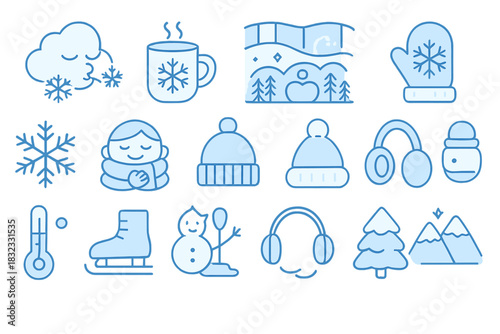 Cozy winter line icons with seasonal and holiday elements