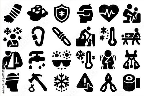 Set of injury and first aid solid icons on dark background