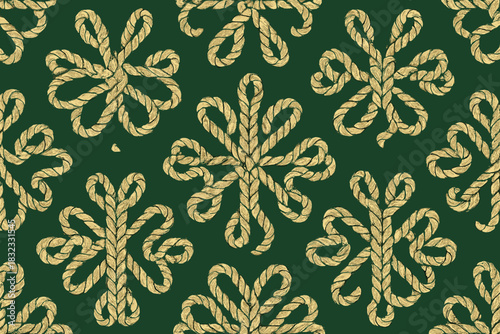Rope pattern design featuring intricate knots on a dark green background for textiles or wallpapers