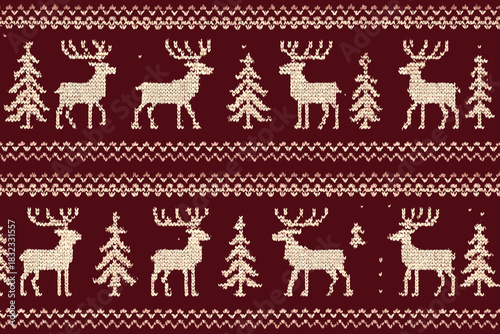 Festive sweater pattern featuring reindeer and trees on a rich red background for holiday celebrations