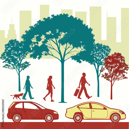 “Cityscape with mixed silhouettes of people, trees, and cars in flat design.”