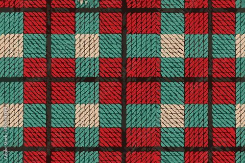 Colorful woven fabric with red, turquoise, and cream check pattern suitable for crafts and home decor