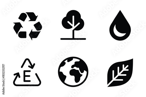 Set of six environmental icons representing nature and sustainability