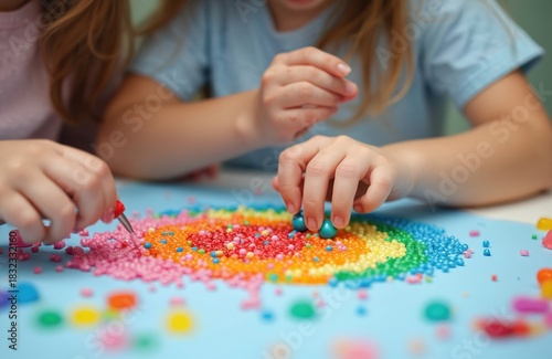 Children create rainbow pattern with colorful tiny beads. Kids craft activity, learn colors, develop fine motor skills, creativity at home. Little hands play with small round plastic pieces, make art.