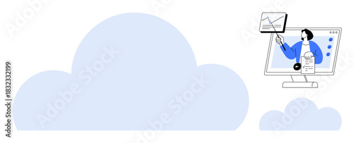 Cloud computing design. Cloud computing with a data analyst working virtually on a computer screen. Cloud computing supports digital solutions, remote work, and analytics. For tech, business, and IT