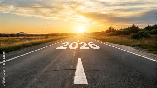 2026 Goal plan action, Business target and growth strategy. New year resolution and challenge. 2026 on the road in the middle of asphalt road with at sunset forward and planning to the goal.