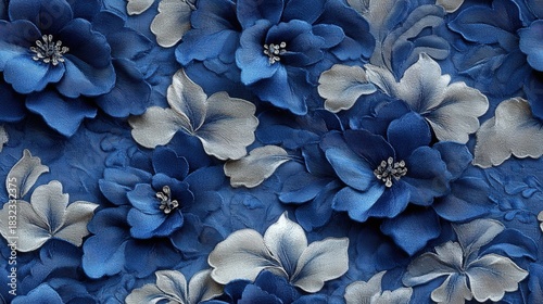 A digitally rendered close-up of a blue and white floral patterned fabric. The image captures the subtle texture and tactile feel of the material, evoking a sense of depth and detail.