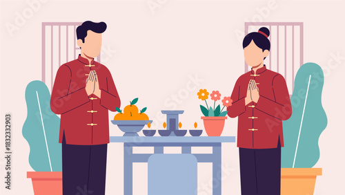 Couple Preparing Simple Offerings for Lunar New Year – Modern Flat Illustration