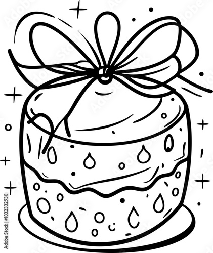 A cute round cake decorated with doodles and topped with a large ribbon bow, illustrated in a whimsical black-and-white style.