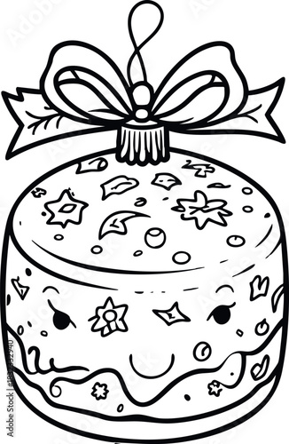 A cute round cake decorated with doodles and topped with a large ribbon bow, illustrated in a whimsical black-and-white style.