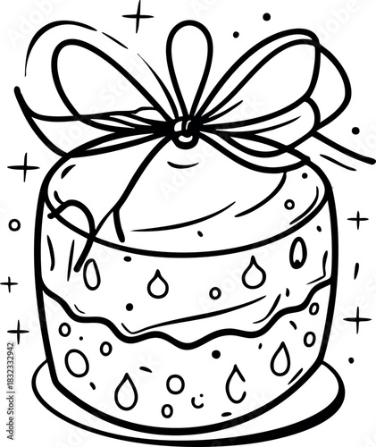 A cute round cake decorated with doodles and topped with a large ribbon bow, illustrated in a whimsical black-and-white style.
