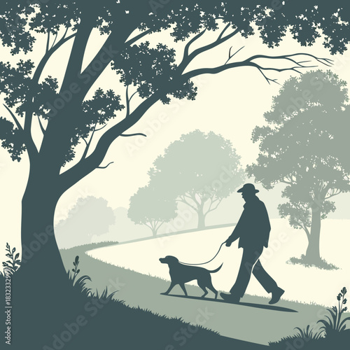 “Silhouette of a man walking a dog along a tree-lined path.”